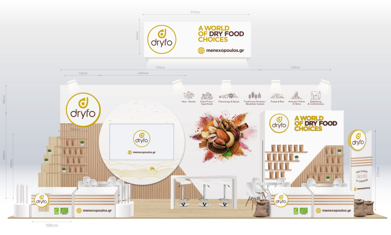 Tradeshow booth concept preview design for Dryfo Menexopoulos Bros 2020 by Plus Gravity