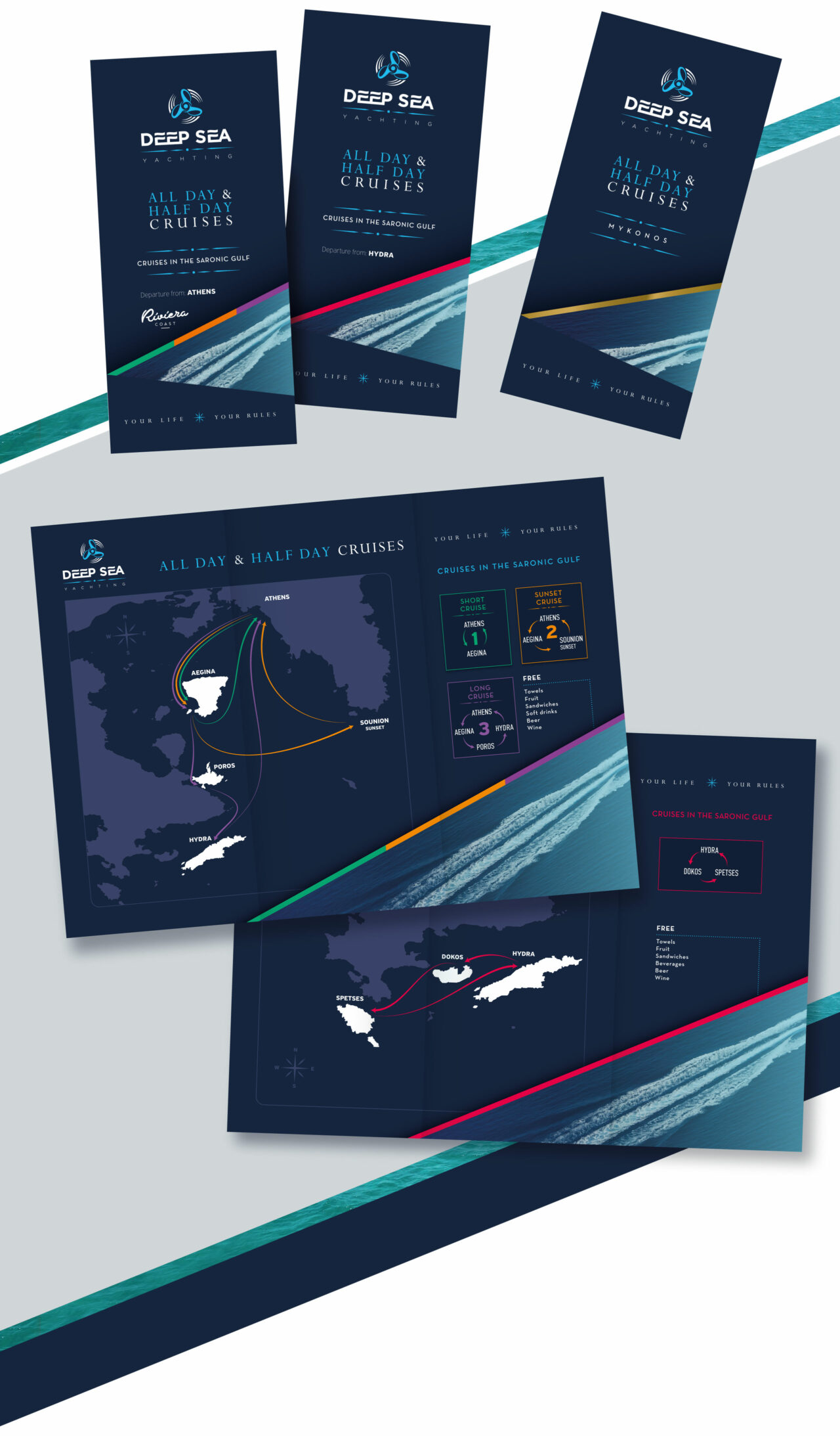 Corporate advertising brochures and custom map design for Deep Sea yachting
