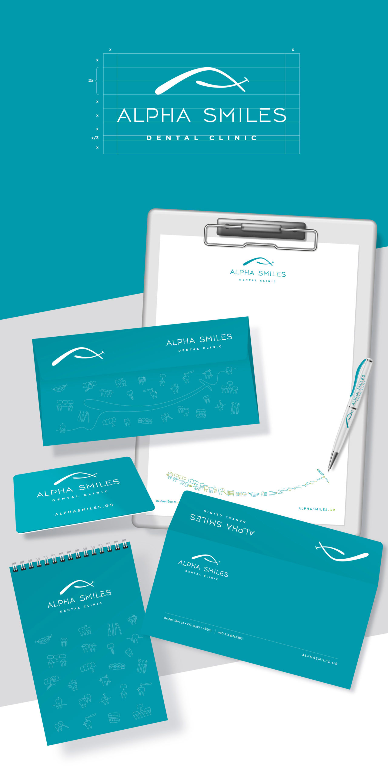 Visual brand identiity and stationery design for Alpha Smiles dental clinic