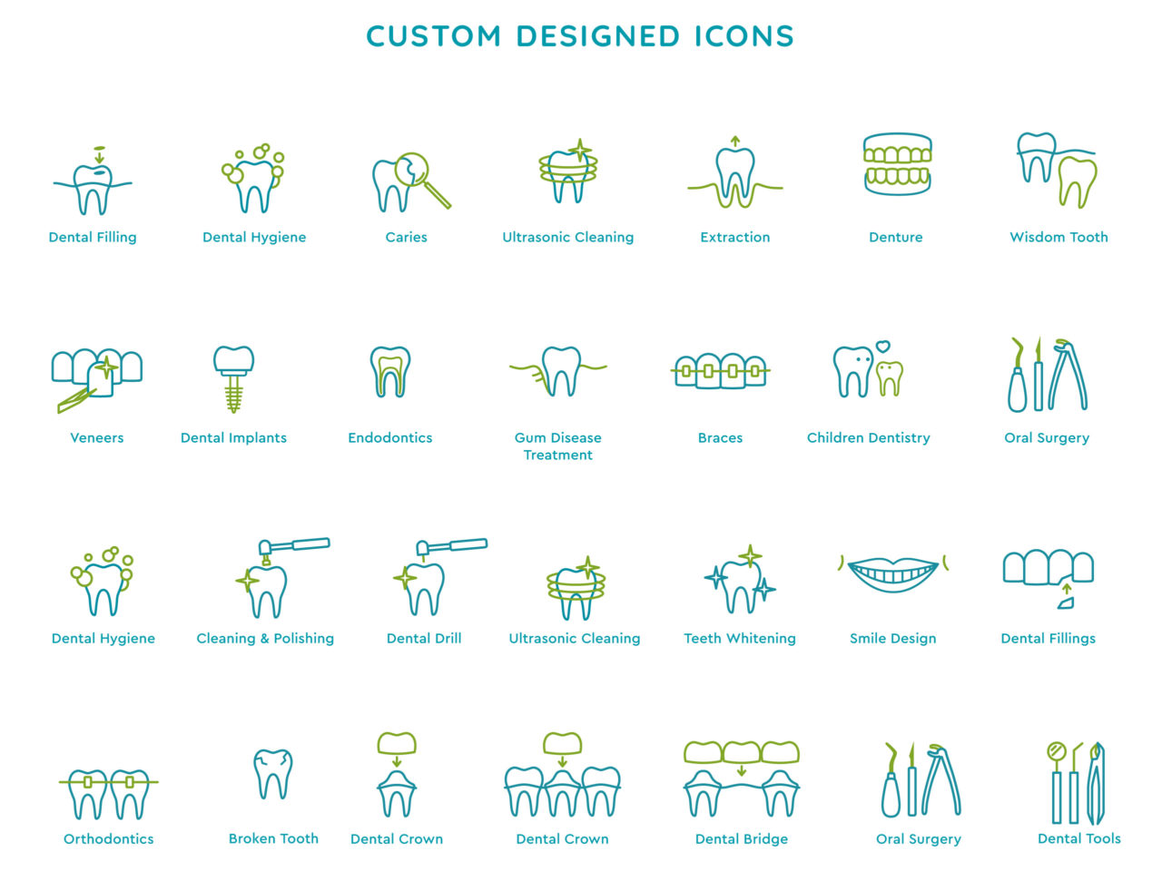 Custom stroke line designed icons for Alpha Smiles dental clinic
