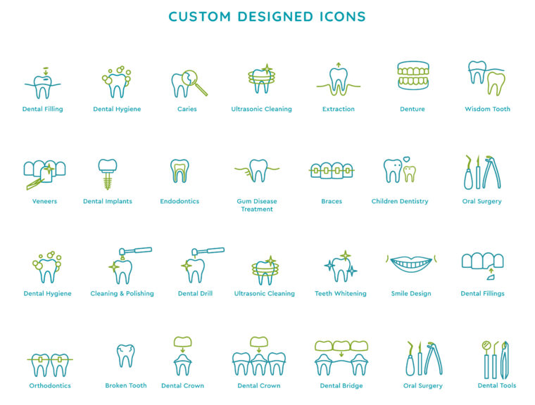 Custom stroke line designed icons for Alpha Smiles dental clinic