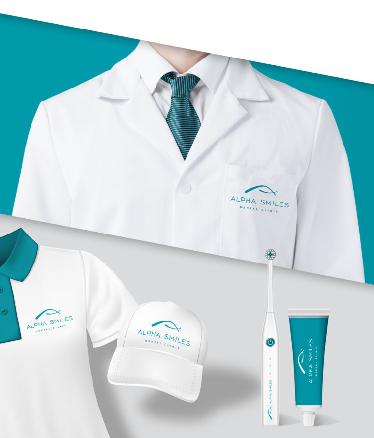 Pesentation of hat, tshirt and other dental related branded materials for Alpha Smiles dental clinic