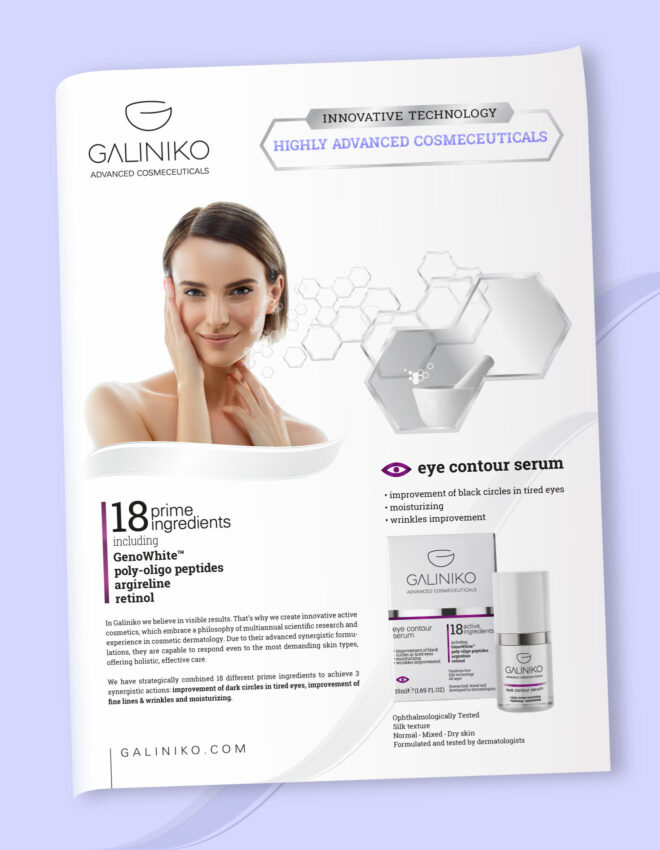 Eye contour serum print ad design for Galiniko skincare products