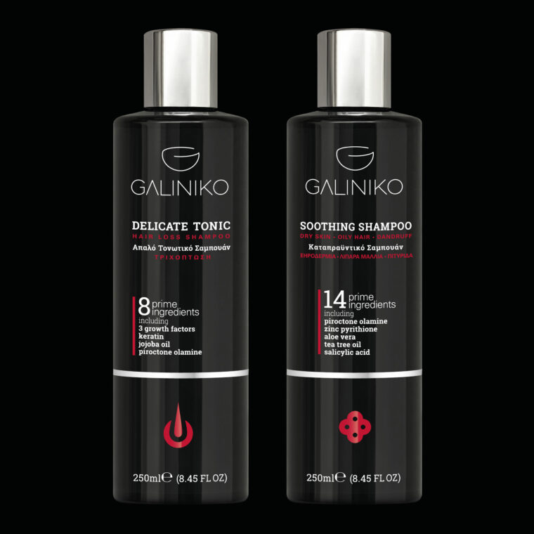 Galiniko soothing dandruff shampoo brand identity and packaging label design