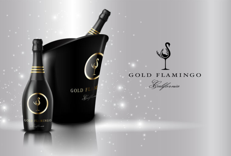 Gold flamingo sparkling wine creative branding logo concept and label design