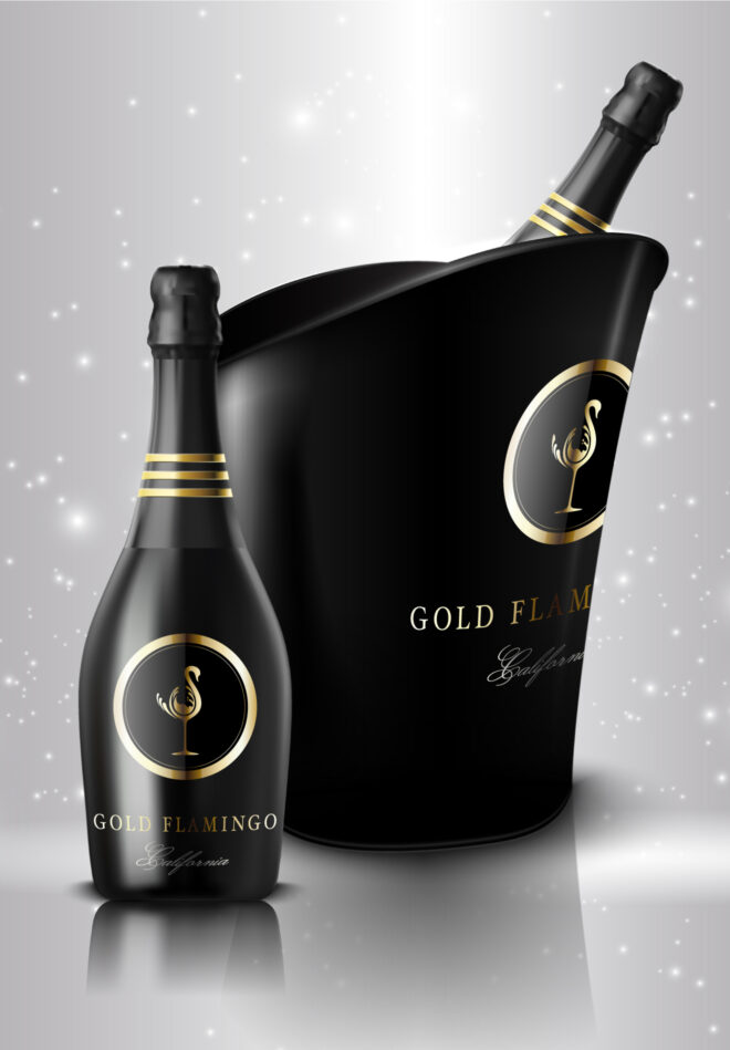 Gold flamingo sparkling wine creative branding logo concept and label design