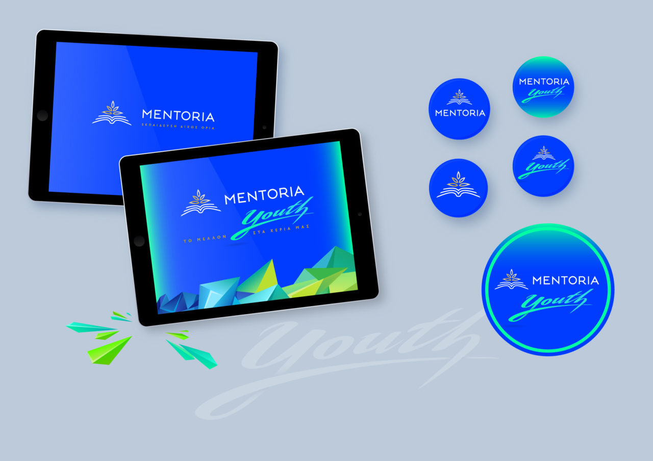Mentoria youth corporate identity applied on tablets and pins